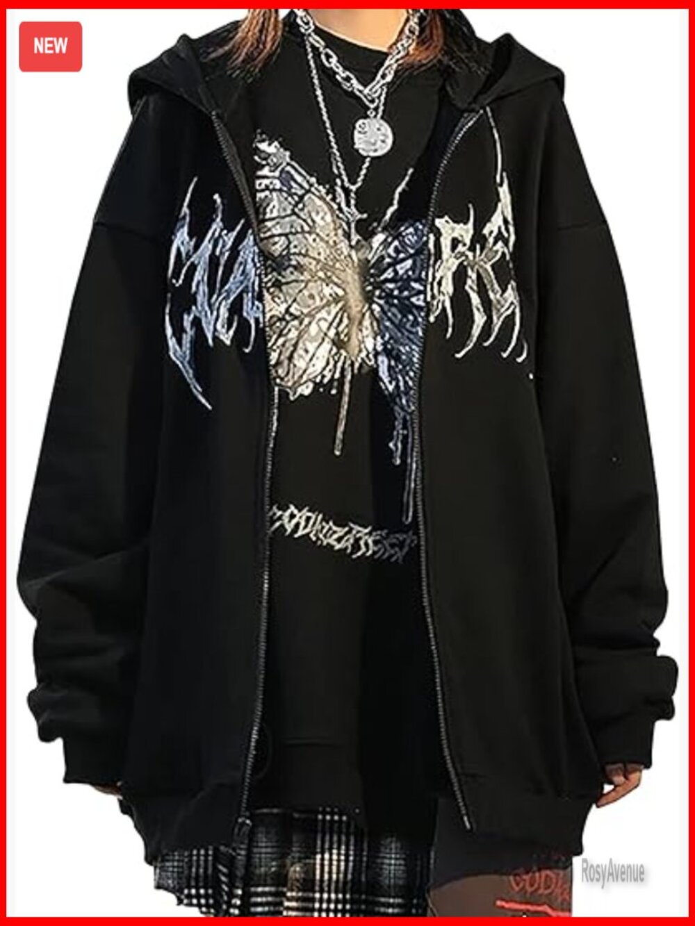 Oversized Zip Up Hoodie with Butterfly Graphic Grunge Streetwear